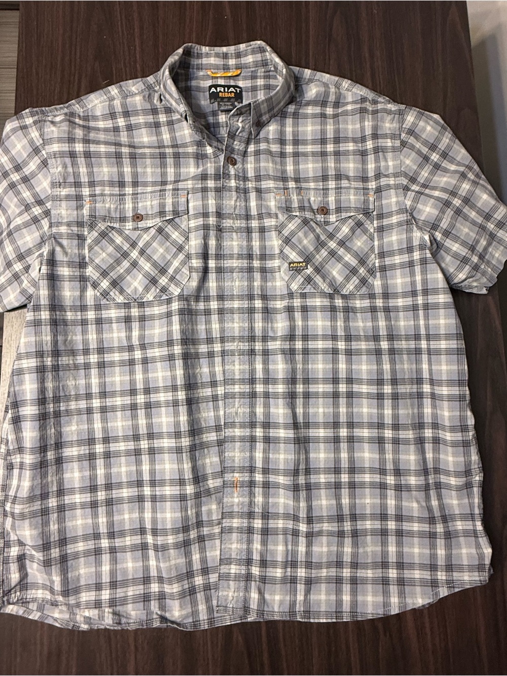 Ariat Rebar Men's Plaid Cotton Woven Button-Up Shirt Short Sleeve Blue Gray XL
